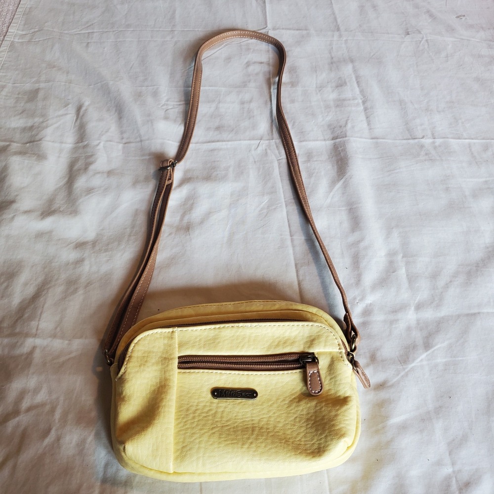 MultiSac Yellow Vegan Leather Crossbody Organizer Bag Tan Trim Adjustable Strap